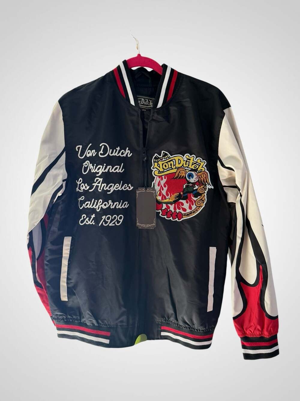Von Dutch Men's Size M Black Full-Zip Lightweight Flamed Varsity Jacket